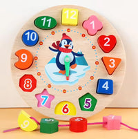 Horloge Éducative en Bois Montessori pour Enfants - Puzzle de Formes à Enfiler avec Chiffres - Jeu d'Apprentissage de l'Heure et Motricité Fine - Perles à Lacer Thème Pingouin - Jouet Éveil Premier Âge Cadeau Garçon et Fille
