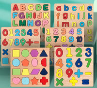 Puzzle Montessori en Bois pour Enfant – Jeu Éducatif d'Éveil Alphabet, Chiffres et Formes Géométriques – Jouet Premier Âge Apprentissage Lecture et Calcul – 19,5 x 19,5 cm – Motif au Choix