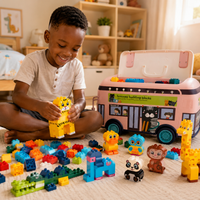 Bus Éducatif Multifonction 2-en-1 avec 136 Blocs de Construction – Jouet Créatif avec Animaux à Construire, Musique, Lumières et Coffre de Rangement – Dès 3 Ans