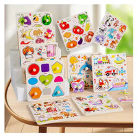 Puzzle Bois Bébé 15x15 cm - Mon Premier Puzzle à Encastrement Montessori - Petit Format Éveil Motricité Fine avec Boutons - 10 Thèmes au Choix : Animaux, Mer, Espace, Fruits, Véhicules