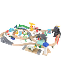 🚂 Circuit de Train en Bois 100 Pièces AC7555 – Locomotive Électrique, Aéroport, Zoo, Grue, Pont & Gare – Jouet Éducatif Complet pour Enfants 3+ Ans