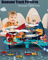 Circuit de Course Dino Aventure – Piste de Voitures Multi-Niveaux avec T-Rex et 4 Mini Voitures – Jouet Interactif pour Enfants 3+