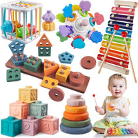 Jouet Montessori Bébé 6-en-1 – Kit d'Éveil Sensoriel Évolutif en Silicone & ABS – Cube à Élastiques, Xylophone, Blocs Empilables, Anneaux de Dentition et Trieur de Formes Géométriques – Cadeau Premier Âge 6-18 Mois