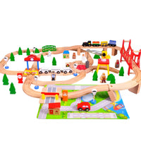 🚂 Circuit de Train en Bois 100 Pièces modele AC7507 – Locomotive Électrique, Grue Magnétique, Pont Rouge & Gare – Circuit Complet Éducatif pour Enfants 3+ Ans