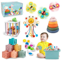 Coffret Montessori 6-en-1 pour Bébé dès 6 Mois – 28 Pièces, Blocs Souples, Anneaux à Empiler, Œufs à Associer, Cage Sensorielle, Jouets à Ventouse et Jeu à Ficelles