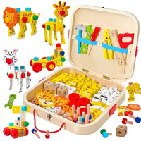 Coffret Outils en Bois 59 PCS – Jeu de Construction Animaux (Lion, Girafe, Zèbre, Tigre , Léopard ) – Kit Montessori avec Marteau, Tournevis, Clés – Développe Motricité & Créativité – Dès 3 Ans