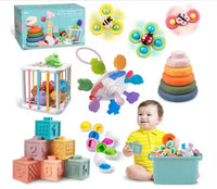 Jouet Éveil Bébé 6 en 1 - 6-18 Mois Montessori (28 Pcs) - Coffret Cadeau Premier Âge : Ventouses Rotatives, Œufs à Associer, Blocs Souples & Anneaux à Empiler - Jouet de Dentition Silicone Sans BPA & Boîte de Rangement