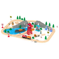Circuit Train en Bois 80 Pièces AC7521 – Circuit Cargo Express avec Grue Rouge, Montagne, Lac & Figurines – Jouet Éducatif pour Enfants