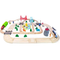 Circuit Train et Route en Bois 100+ Pièces AC7520 – Locomotive électrique à pile - Grand Circuit avec Ponts, Zoo d’Animaux, Véhicules et Accessoires Éducatifs