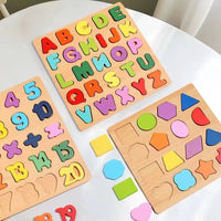 Puzzle Montessori en Bois pour Enfant – Jeu Éducatif d'Éveil Alphabet, Chiffres et Formes Géométriques – Jouet Premier Âge Apprentissage Lecture et Calcul – 19,5 x 19,5 cm – Motif au Choix