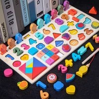 Tableau Éducatif Montessori en Bois – Chiffres, Symboles Mathématiques, Formes, Fruits, Blocs à Empiler & Puzzle Géométrique
