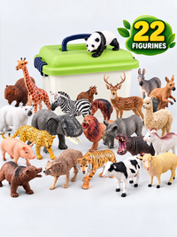 Coffret 22 Figurines Animaux Réalistes avec Boîte de Rangement, Animaux Sauvages et de la Ferme, Jeu Éducatif Safari pour Enfants dès 3 Ans, Jouet d’Imagination et Découverte