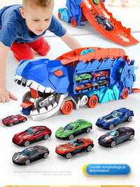 Camion Dinosaure Transformable avec Piste de Course – Jouet 3-en-1 pour Enfants – Garage Voiture + Double Rampe + 6 Voitures Incluses – Cadeau Garçon/Fille 3 Ans et Plus