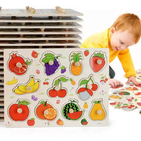 Puzzle Encastrement Bois Bébé - Jouet Éducatif Montessori 30 x 22,5 cm - Premier Éveil Motricité Fine avec Boutons de Préhension - Thèmes au Choix : Animaux, Véhicules, Fruits, Formes