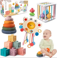 Jouet Montessori 4 en 1 pour Bébé 6 Mois+ : Kit d'Éveil Complet avec Crabe à Tirer, Tour d'Empilage, Blocs de Construction Souples & Boîte Sensorielle - Matériau Sans BPA de Qualité Alimentaire - Cadeau Premier Âge pour Fille et Garçon